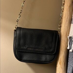 Armani Exchange Black Pebbled Leather Crossbody with Gold Chain Strap